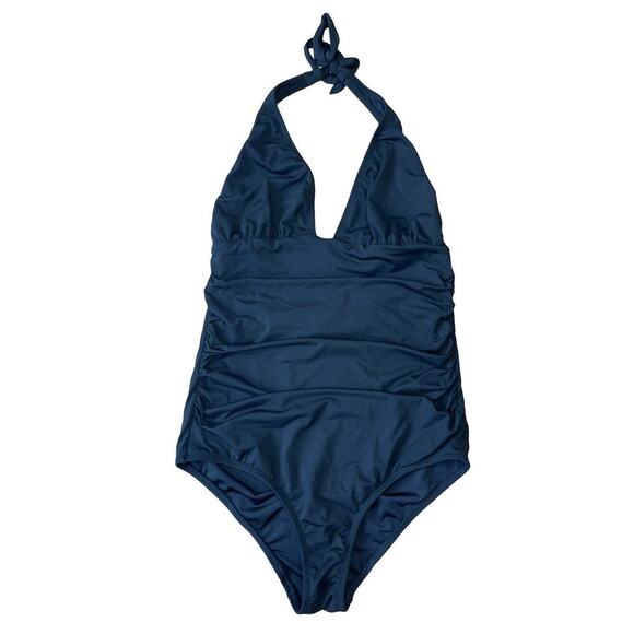 Shoshanna Black Halter One Piece Swimsuit Ruched Classic Flattering Fit - Size 6 - Picture 2 of 10